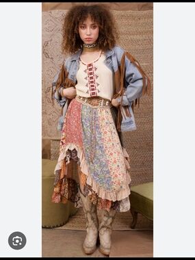 Patchwork Asymmetrical Floral Ruffle Midi Skirt - Pink Multi